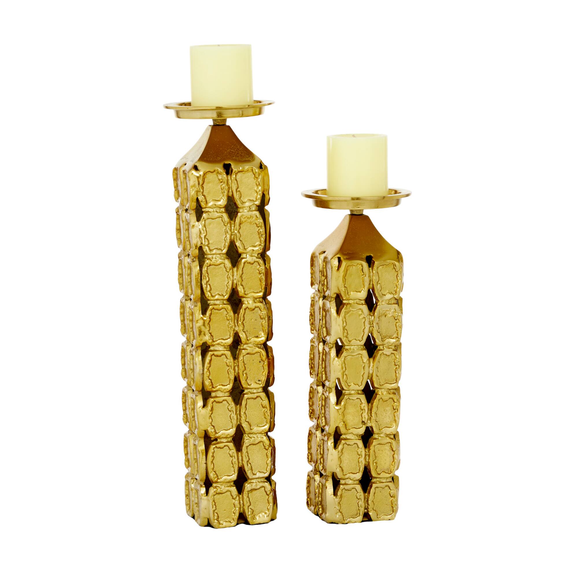 Gold Aluminum Contemporary Candle Holder Set